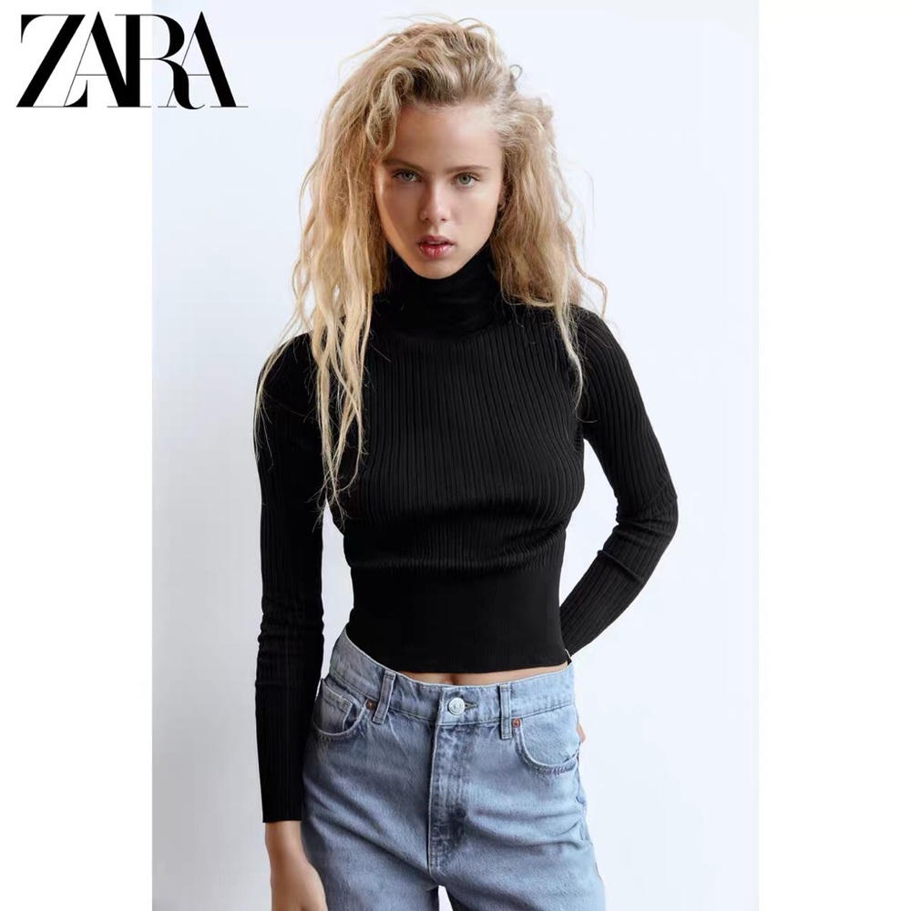 Zara black turtleneck ribbed knit cropped sweater